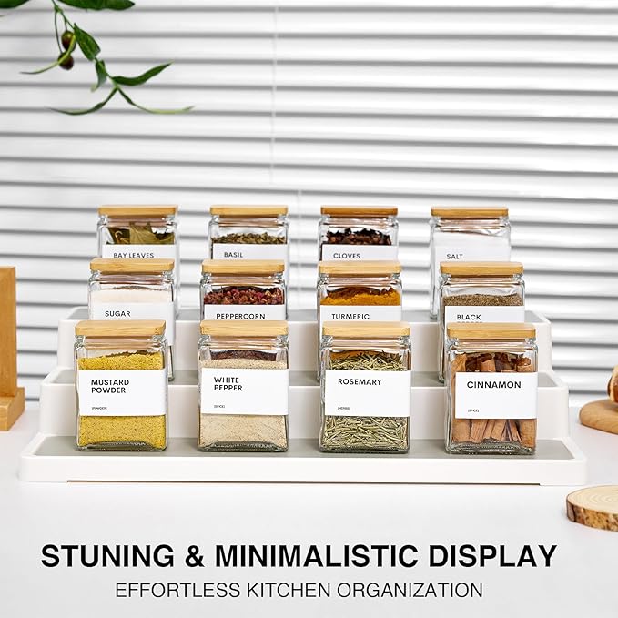 Glass Spice Jars with Bamboo Lid, 4oz Square Spice Containers for Pantry Organization, Seasoning Bottles with Labels, Spoons, Funnel for Salt Sugar