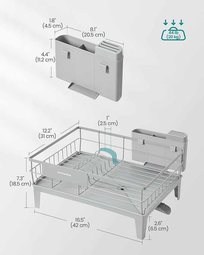 SONGMICS Dish Drying Rack, Kitchen Dish Rack, with Drainboard, 360° Rotatable and Extendable Spout, with Cutlery Holder, 12.2 x 16.5 x 7.3 Inches, Dove Gray UKCS550G01
