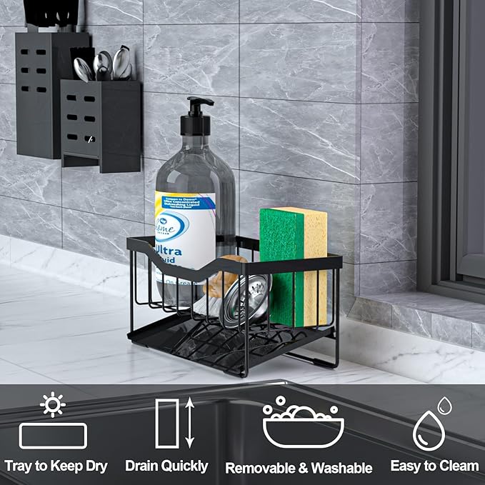 Vanwood Sponge Holder for Kitchen Sink with Auto Draining Tray, Sink Caddy Kitchen Sink Cocina Organizer, Self Drain Dish Soap Sponge Caddy for Counter | Kitchen Sink, Cocina Organizer, Self Drain, for Counter