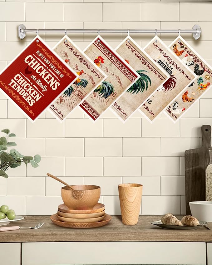 Kitchen Swedish Dishcloths with Hooks - 6 Pack Reusable Dish Cloths for Washing Dishes Fast Drying Cute Fun Swedish Dish Towels Washable Cleaning Sponge, Red Chicken