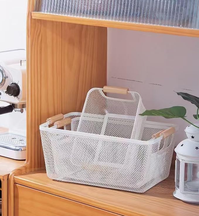 Metal Mesh Steel Basket, Medium Wire Storage Organizer Basket Multi-function Hanging Kitchen Basket with Wood Handle for Kitchen Bathroom Picnic Home, Rectangle-Off White