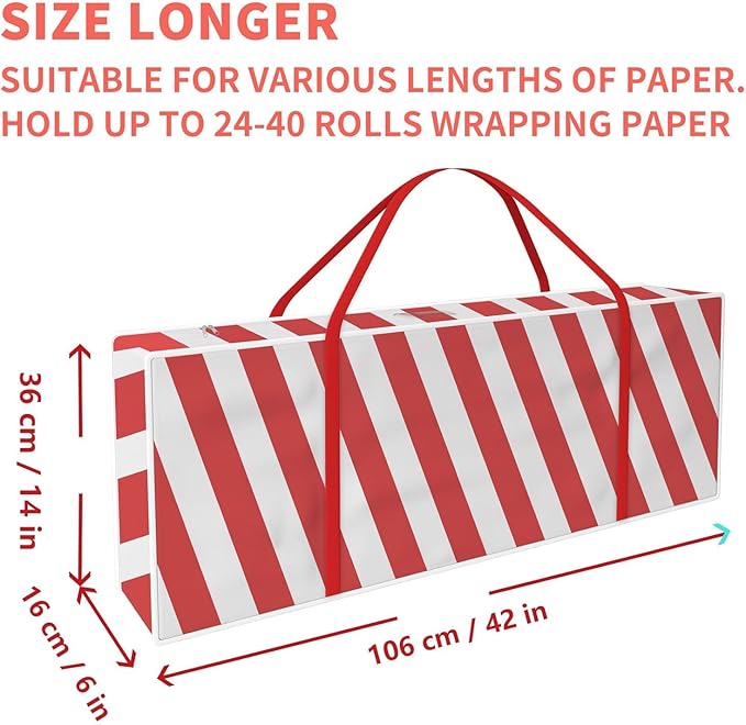 Safana Wrapping Paper Organizer Storage Bag, 42" Durable 600d Oxford Wrapping Organizer Box Under Bed Storage Containers for Decorations Paper Rolls, Ribbons, Balls, Bows (Red Stripe)