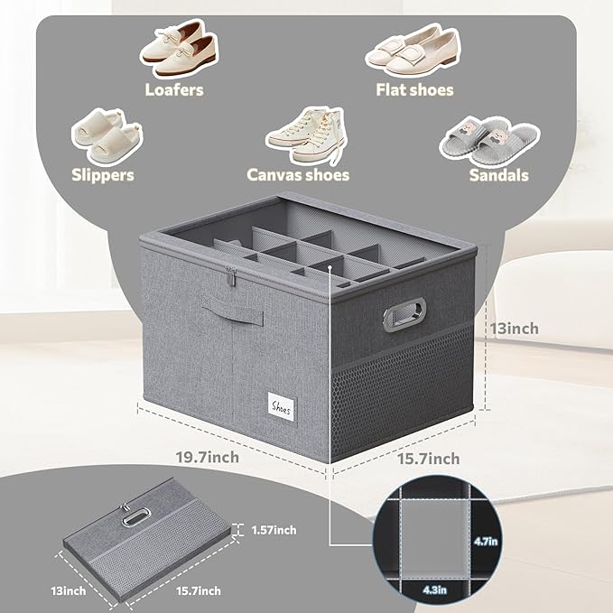 Shoe Organizer for Closet, Large Shoe Box Storage Containers with Clear Window, Space Saving Shoe Bin with Foldable Bottom Support Adjustable Dividers - Fits 16 Pairs (Grey, (19.7*15.7*13)x1)