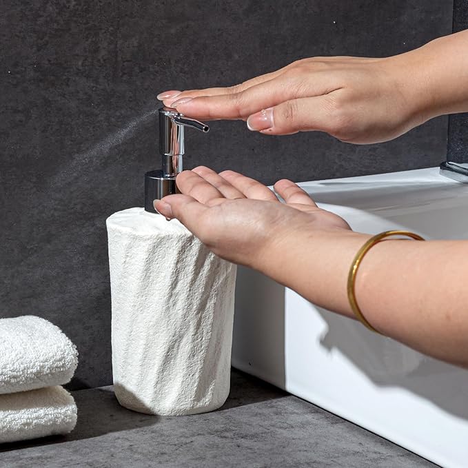 Bathroom Accessories Set, 4 PCS Modern Stone Look Bathroom Accessory Set with Hand Soap Dispenser 11.5 OZ, Tumblers, Toothbrush Holder, Bar Soap Dish Holder Saver (White)