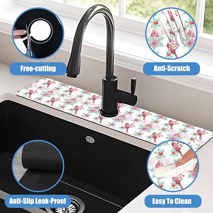 Chrismas Sink Splash Guard Faucet Mat Cute Christmas Absorbent Fast Drying Mat Sink Gadgets Splash Guard Behind Faucet Drip Catcher for Kitchen Bathroom 23.5"X5.5"