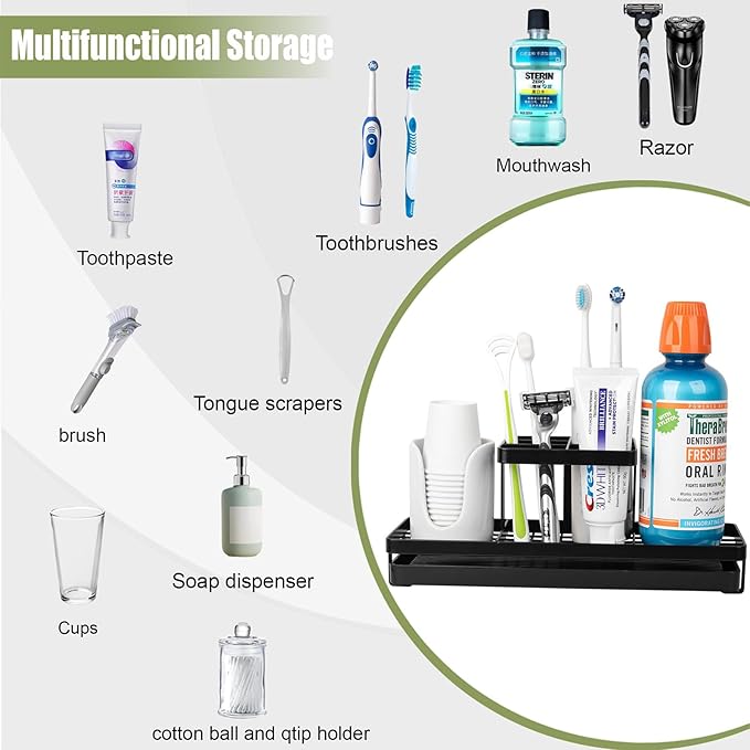 Toothbrush Holders for Bathrooms, Carbon Steel Tooth Brushing Holder Electric Toothbrush and Toothpaste Organizer Bathroom Accessories for Countertop, Shower, Sink, 5 Slots, Matte Black