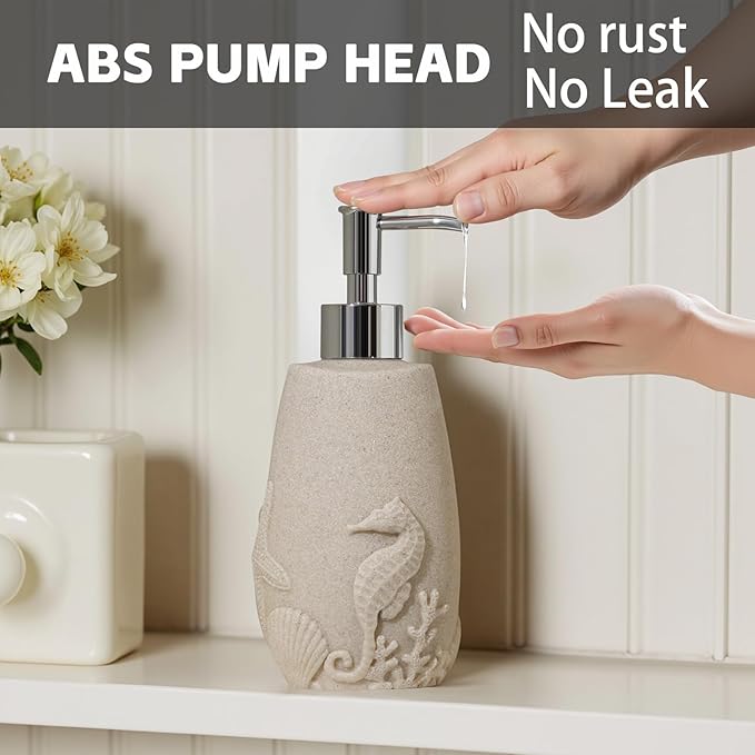 Soap Dispensers 350mL 11OZ, 2 PCS Luxurious Ocean Hand Dish Lotion Shampoo Soap Dispenser Jar, Sea Shell Soap Pump Bottles for Kitchen Bathroom Countertop Beige