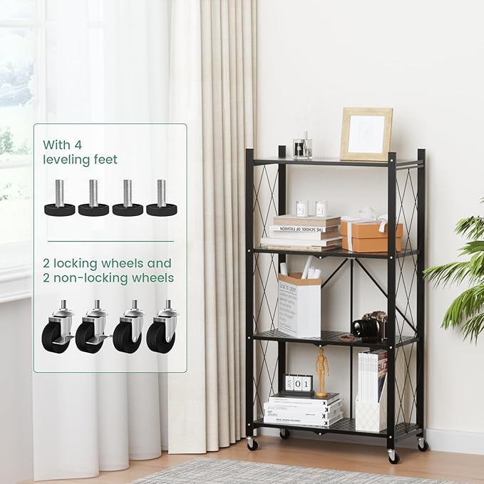 ALANNG 4 Tier Storage Shelves on Wheels, No Assembly Metal Folding Shelf Heavy Duty, Black | Colorful | Rolling | Collapsible | Rack Unit | for Living Room Office | 13.4" D x 28" W x 50" H