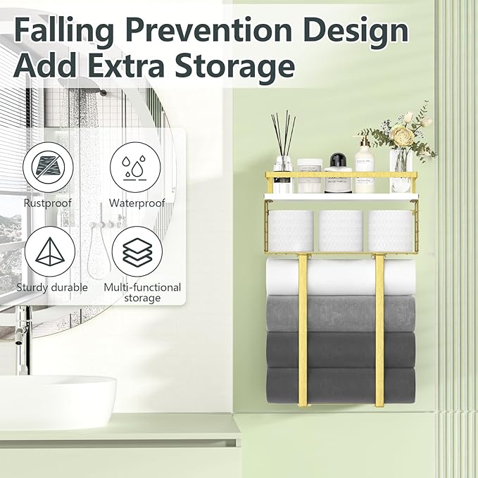 Towel Racks for Bathroom, Bathroom Shelf Over Toilet,Floating Shelves with Towel Rack Paper Holder Storage Basket,Floating Shelves for Wall Decor,Gold