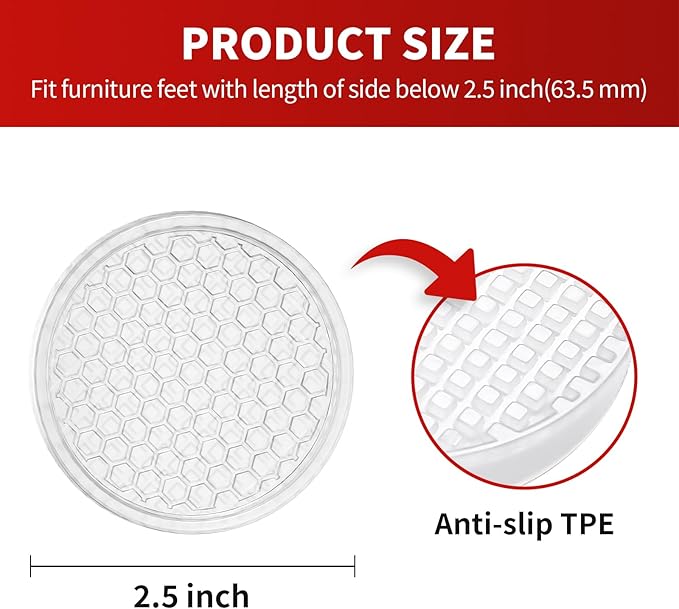 Ezprotekt Non Slip Furniture Pads, 12 Pcs 2.5" Anti Skid Rubber Caster Cups, Round Furniture Coasters for Hardwoods Floors, Anti-Slip Grippers, Furniture Stoppers to Prevent Sliding (Clear)