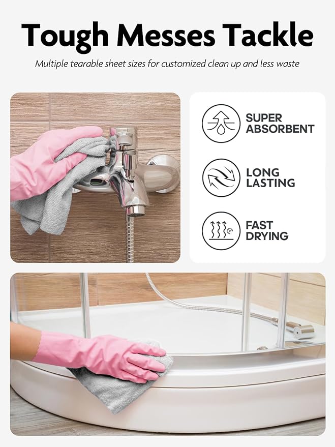 Fantasticlean Microfiber Cleaning Cloth Roll -60 Pack, Tear Away Microfiber Towels, 12" x 12", Reusable, Washable, Lint Free, Ultra Absorbent Dishcloth for All-Around Cleaning (Pink & Grey)
