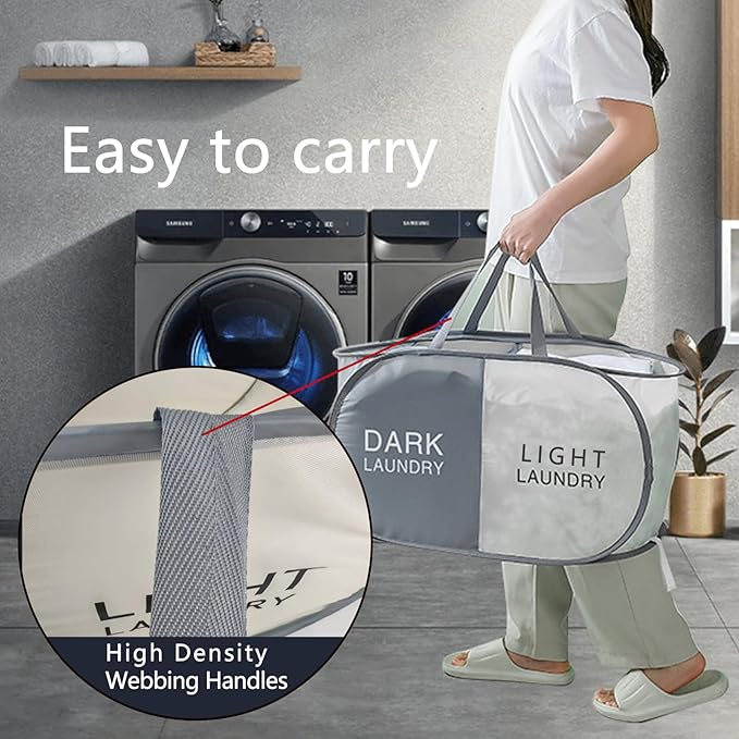 Collapsible Pop Up Laundry Hamper 2 Section, Folding Cloth Hamper Sorter Basket Organizer for Bedroom, Laundry Room, Dorm