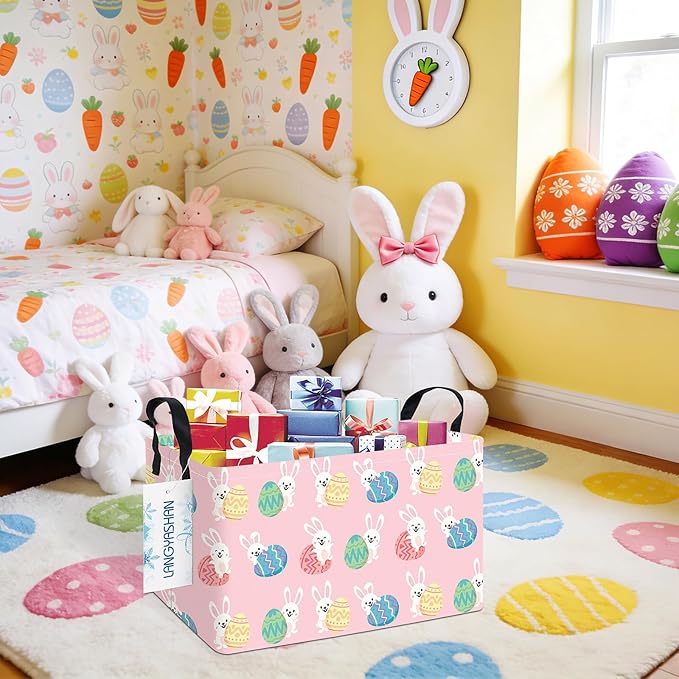 LANGYASHAN Rectangular Storage Bin Collapse Canvas Fabric Cartoon Storage Basket with Handles for Organizing Home Kitchen Boys and Girls Toys Office Closet Shelf Baskets (Rec Pink Rabbit Easter Egg)