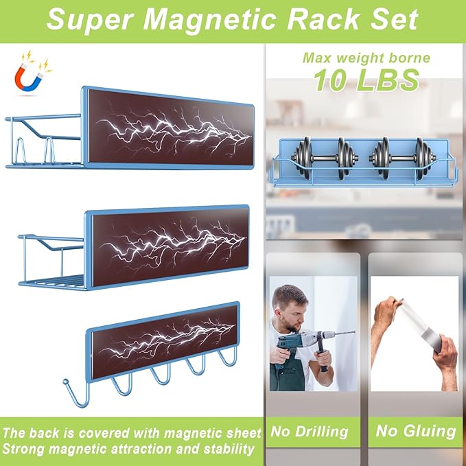 Magnetic Spice Rack for Refrigerator, 3 Pack Metal Magnet Spice Organizer Shelf with Hook Rack, Magnetic Fridge Shelves for Kitchen Organization and Storage, Seasoning Organizer Gadgets (Blue)