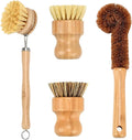 4 Piece Bamboo Dish Brush Set - Bamboo Dish Bottle Brush with Sisal, Dish Scrubber for Kitchen Cleaning Dishes, Pots, Pans