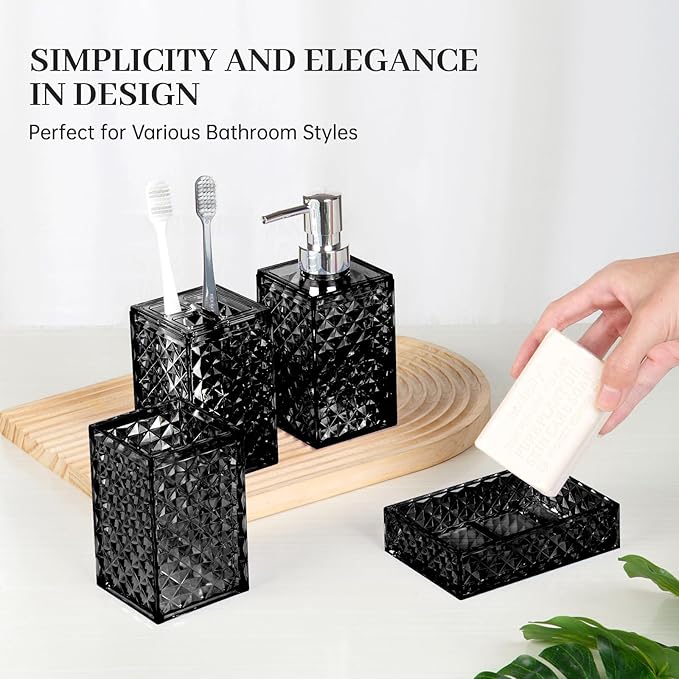 Bathroom Accessory Set, Grid Pattern 4 Pcs Plastic Bathroom Set Include Soap Dispenser, Soap Dish, Toothbrush Holder, Mousewash Cup, Modern Bahtroom Décor Set, Space Save for Bathroom(Black)