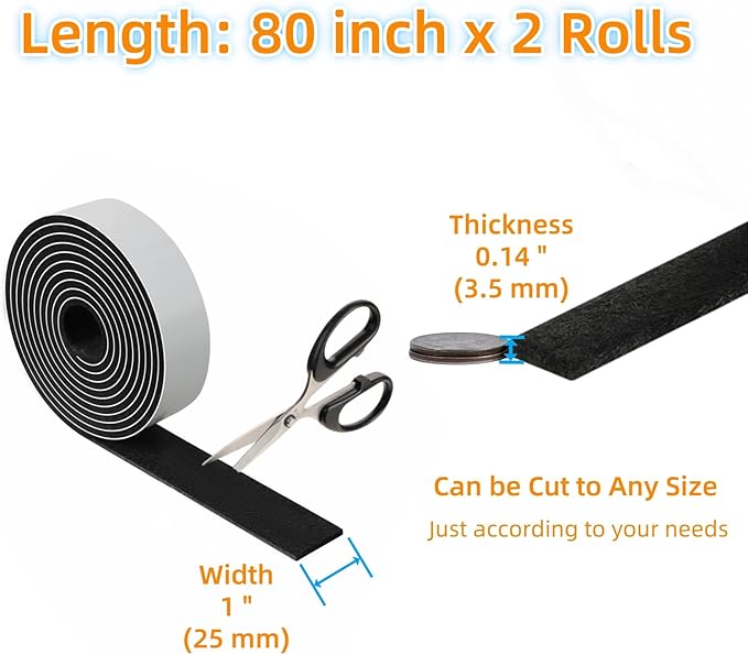 Felt Strips with Adhesive Backing – Furnigear Heavy Duty Cuttable Felt Tape Roll Furniture Pads for Chair Legs - Protecting Hardwood Floors, Chair Wall Protector (Black, 80 x 1 x 0.14 Inch)