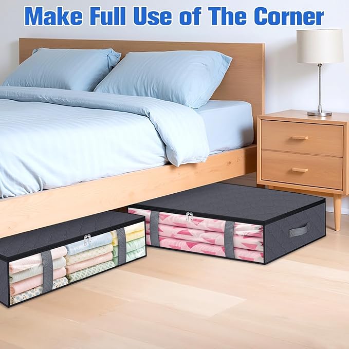 Under Bed Storage Containers, 8 Pack Blanket Storage Bags, Collapsible Storage Bags with Big Zippers, Clear Front, Shoe Storage and Organization for Clothes, Comforter, 60L, Grey