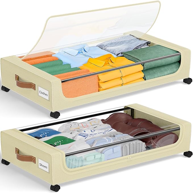 GoMaihe Under Bed Storage with Wheels: 48L Underbed Storage Containers with Lids - Rolling Bins for Shoes Clothes in Dorm Bedroom - Metal Drawers Easy Pull-out Beige 2-Pack