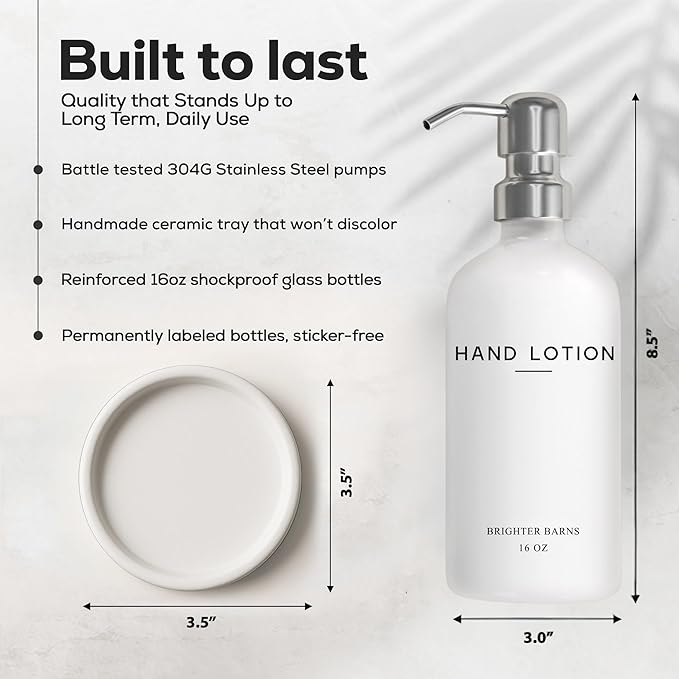White Glass Lotion Dispenser with Pump Bathroom Set by Brighter Barns - Hand Lotion Dispenser Set with Tray - Modern Bathroom Accessories for Guest House, Hotel, Spa, Restaurant, Airbnb, Gift (White)