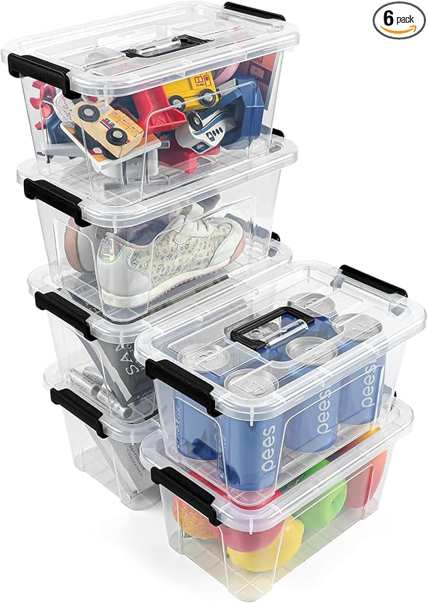 Plastic Storage Bins with Lids 6 Pack Storage Organizer, 7 Quart Stackable Storage Bins with Buckle Lids and Handle easy for Home Office Pantry Organization, Clear