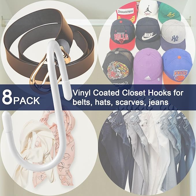 HiGift Purse Hanger for Closet, 8 Pack Unique Twist Design White Vinyl Coated Bag Hooks Organizer Hanging, Large Closet Hooks Purse Organizer Holder for Hanging Purse,Handbag,Belt,Hat,Backpack,Jeans