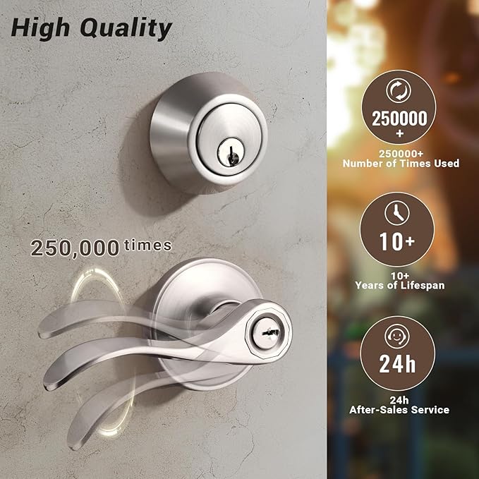 Knobonly 3 Sets of Front Exterior Door Knob Set with Single Cylinder Deadbolts in Satin Nickel Finish, All Keyed Same Combo Pack, Wave Style Entry Door Lever Locks with Combinations