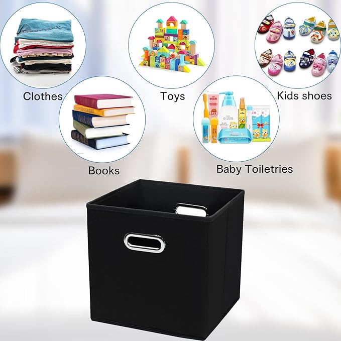 STOREONE Fabric Storage Bins Cubes Baskets Containers-(11X11X11) with Dual Handles Cube Storage Organizer Bins for Shelf Closet, Bedroom Organizers, Foldable Set of 6 (Black )