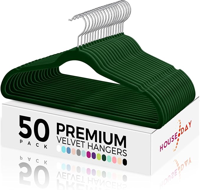HOUSE DAY Premium Velvet Hangers 50 Pack, Non-Slip Flocked Felt Hangers, Sturdy Clothes Hanger with 360° Rotatable Hook, Heavy Duty Durable Slim Coat Hanger for Closet Space Saving(Emerald Green)