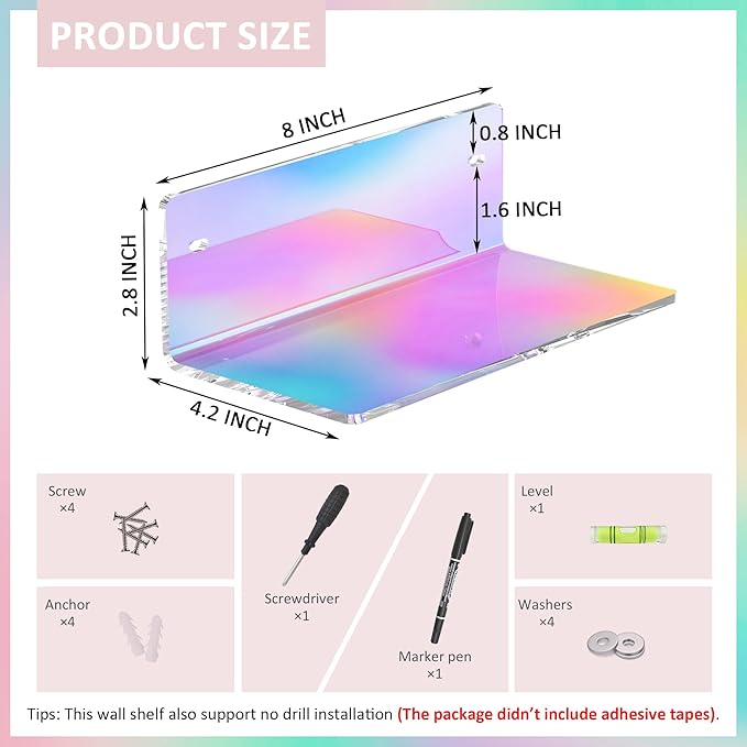 8 Inch Iridescent Shelf for Wall, Acrylic Small Floating Shelf, Home Wall Shelf Organizer for Room Storage, Room Décor, Space Saving, 4'' Depth, 2 Pack