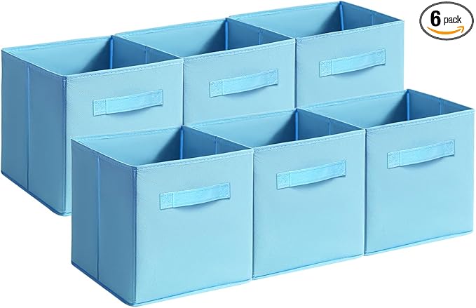 Fabric Storage Bins - 6 Pack Collapsible Cube Organizer for Closet, Shelves & Living Space, Pastel & Dark Color Options - Foldable Storage Boxes with Handles for Clothes (Blue, 11 inch)