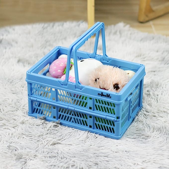 crates for storage,plastic baskets for organizing,collapsible shopping basket,foldable crate with Handles,collapsible storage crate,car basket,for Kitchen,Bathroom,Medicine (Blue, S)
