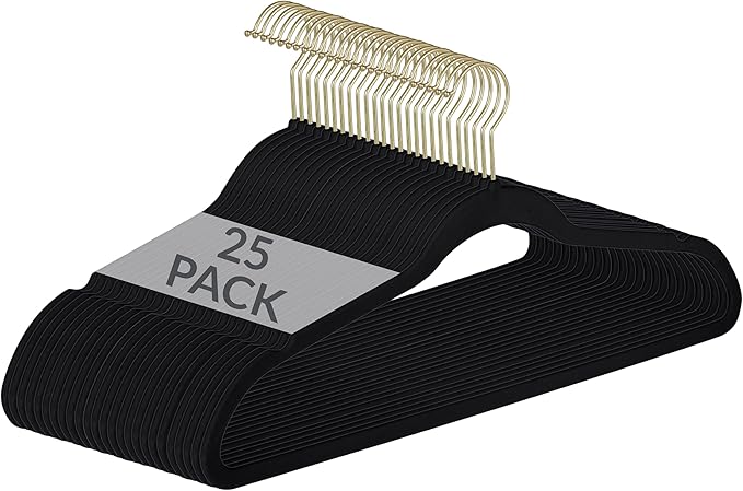 Simplify Slim Velvet Gold Hook Clothes Hangers 25 Pack Non-Slip Shirts Suit Pants Dresses Garments Closet Storage & Organization Durable Black