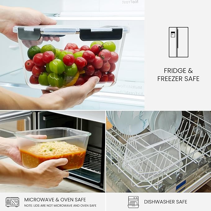 2 Pack Large Glass Food Storage Containers with Lids 85oz/10.5cup Big Airtight Storage Containers for Rotisserie Chicken Meal Prep Leftovers, BPA Free & Leak Proof, Microwave, Oven Safe (gray)