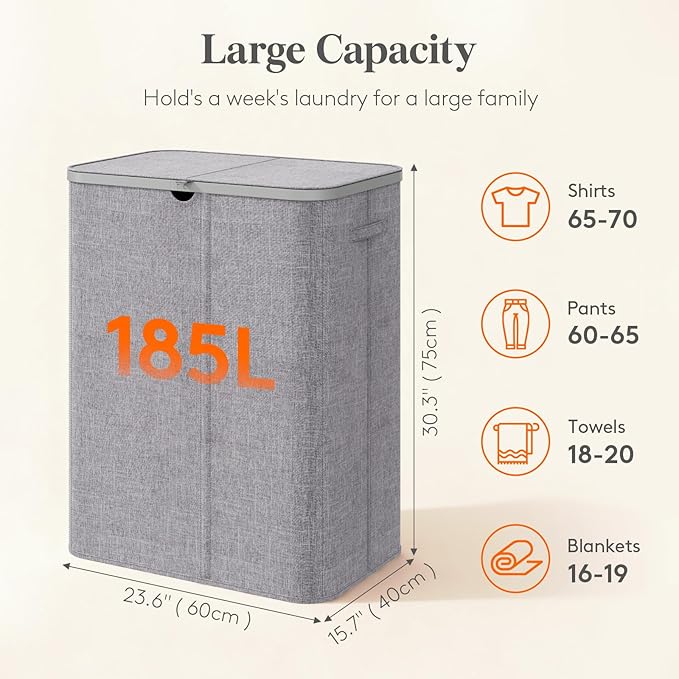 Lifewit 185L Large 3 Section Laundry Hamper with Lid, Plastic Laundry Basket with Bamboo Handles and Removable Bags, Tall Foldable Clothes Hamper for Bathroom Bedroom, Light Gray
