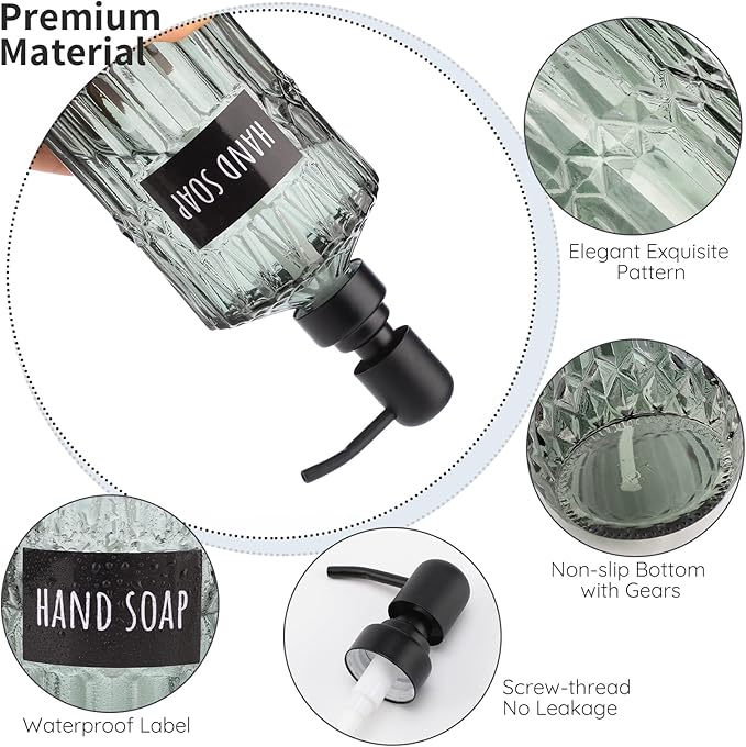 Segbeauty Glass Soap Dispenser Set, 2 Pack 15.2oz Farmhouse Kitchen Decor Stainless Steel Pump Bottles, 450ml Refillable Shower Bottle Hand Soap Dispenser for Modern Home Bathroom Western Decor Green