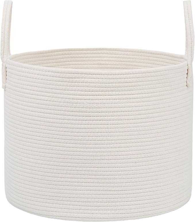 65L Extra Large Blanket Basket for Living Room - Woven Cotton Rope Laundry Hamper with Reinforced Handles - Storage Bin for Pillows, Comforters & Toys - Machine Washable,White
