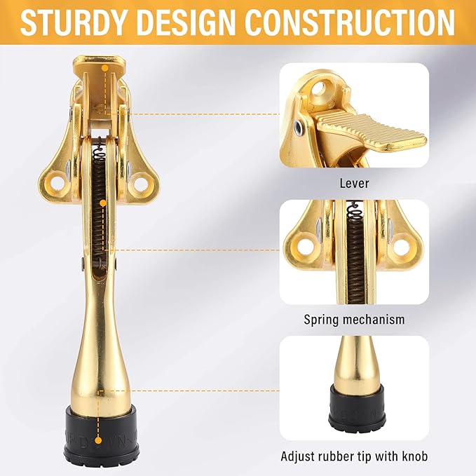 Moxweyeni 6 Pieces Heavy Duty Door Stops for Bottom of Door Metal Kickdown Doorstop with Adjustable Rubber Tips Spring Replacements Doorstop (Gold)