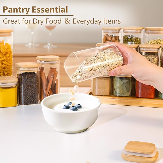 20 Pack 10 oz Square Glass Spice Jars with Lids and Labels – Airtight Small Spice Containers Set, Clear Glass Storage Jars for Seasoning, Spices, Kitchen Pantry Organization