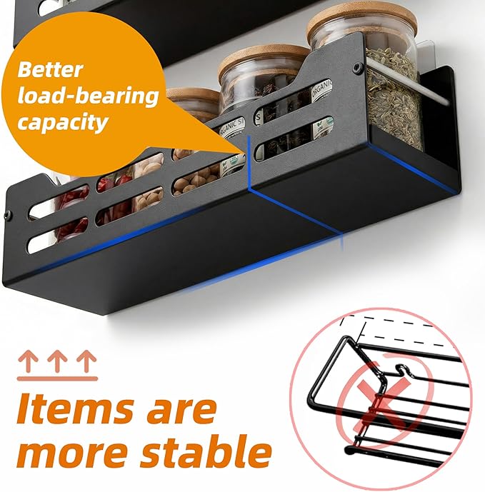 GELYA 4 Pack Wall Mounted Spice Rack, Space-Saving Metal Spice Organizer, Screw/Adhesive Hanging Seasoning Rack for Kitchen Wall, Cabinet & Pantry Door, One-Piece Formed
