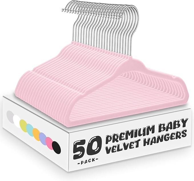 Pink Velvet Kids Hangers 50 Pack - 11" Ultra Thin Non-Slip Clothes Hangers for Baby/Toddler/Daycare | 360° Rotating Hooks, Space-Saving Nursery Organization