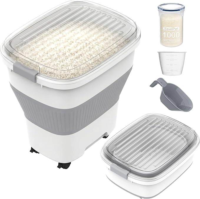 25-40Lbs Rice Container,Collapsible Food Storage Containers with Airtight Clear Lid,Wheels,Rice Storage Container with Small Bin and Scoop,Rice Dispenser for Flour Sugar Cereal Grain Dog Cat