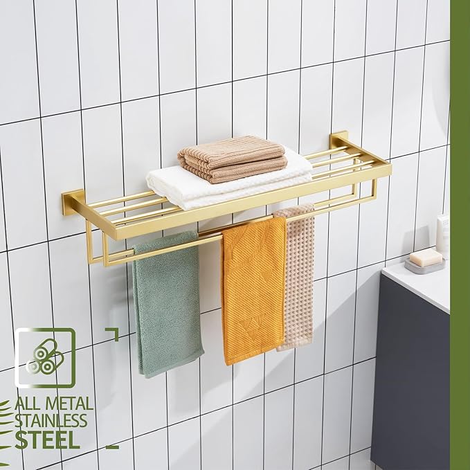 KOKOSIRI 32'' Towel Shelf Holder Bathroom Towel Rack with Two Bath Towel Bars Rails SUS304 Stainless Steel Wall Mount, Brushed Gold B6003BG-L32