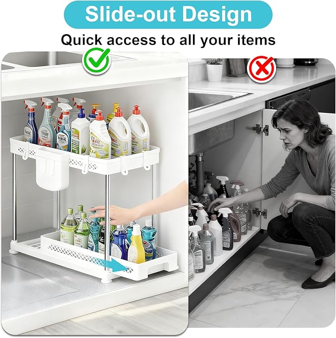 Under Kitchen Sink Organizer, 2-tier Under Sink Organizers and Storage for Kitchen & Bathroom, Multi-Purpose Pull Out Under Cabinet Organizer with Hooks Hanging Cup (White, 2 Pack)