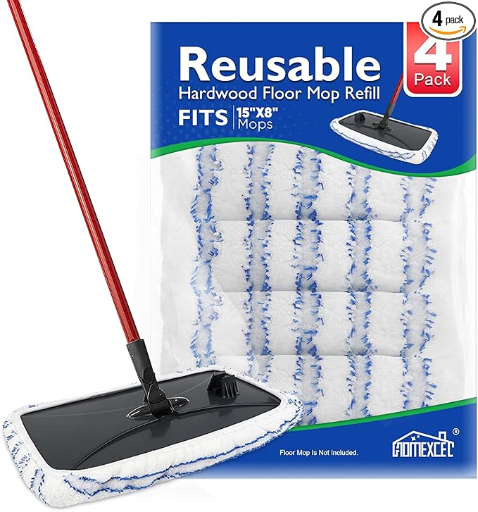 HOMEXCEL Reusable Microfiber Mop Pads Refills 15x8 Inches-Hardwood Floor Mop Head Pads Work Wet and Dry-4 Pack