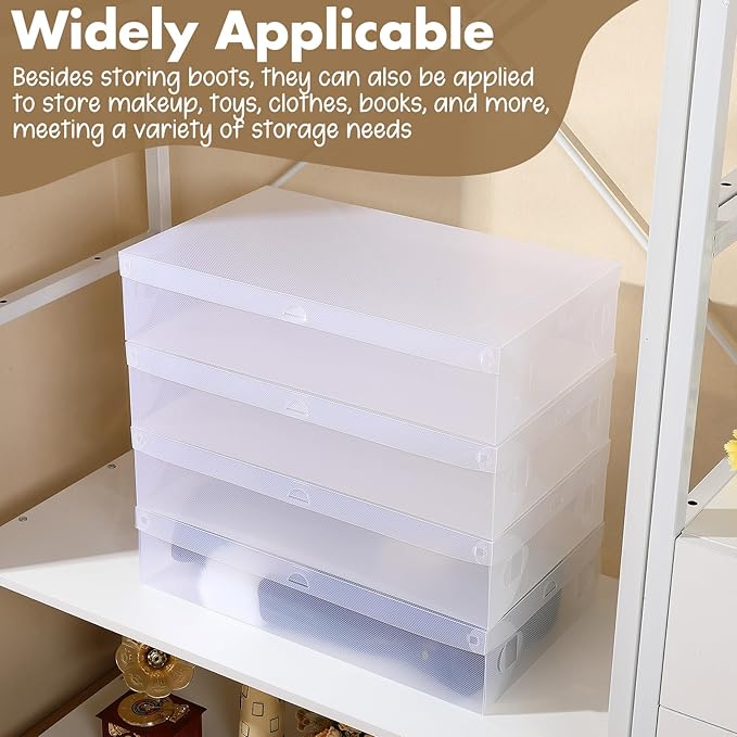 Sintuff 12 Pack Large Boot Storage Boxes with Lids for Tall Boots 20.5" x 11.8" x 4.5" Stackable Clear Plastic Shoe Organizer Container Space-saving Shoe Storage Box for Sneakers and High Heels