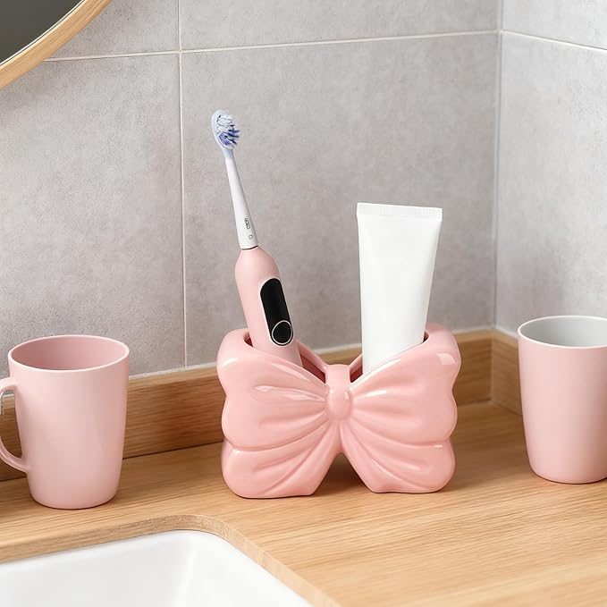 Bow Toothbrush Holder， 2-Slot Toothbrush and Toothpaste Holder Cute Toothbrush Holder Set, Bathroom Counter Organizer for Bathroom，Electric Toothbrushes, Floss, Razors - Pink