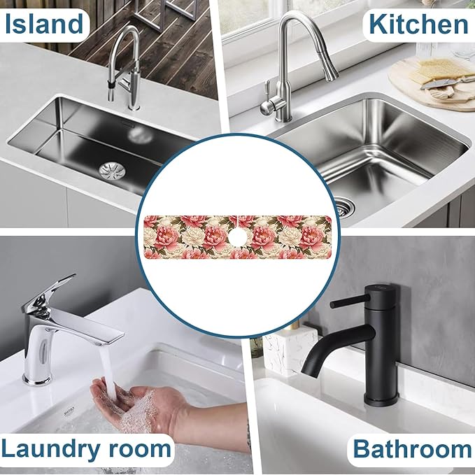 Beautiful Peony Sink Faucet Absorbing Mat Bright Peonies Super Absorbent Fast Drying Mat Sink Gadgets Behind Faucet Sinkmat for Kitchen Bathroom, 23.5"x5.5"