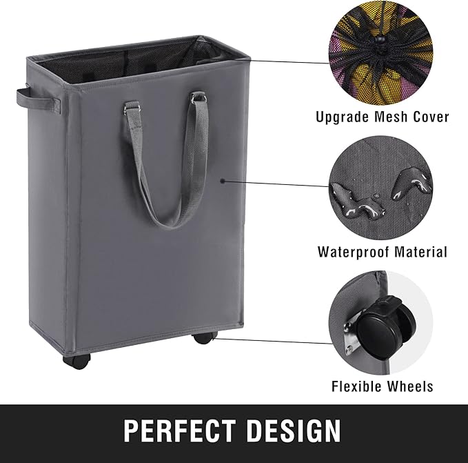 Slim Rolling Laundry Basket, Slim Laundry Hamper with Wheels and Adjustable Long Handles, 45L Small Laundry Baskets with Mesh Top, Narrow Dirty Clothes Hamper for Bedroom, Closet, and Bathroom - Grey