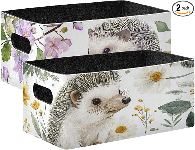 Closet Storage Bins 2 Pcs Felt Open Home Storage Containers Organizer with Handles Collapsible Shelf Basket for Home Office Craft Room Classroom Fabric Hedgehogs Flowers Purple